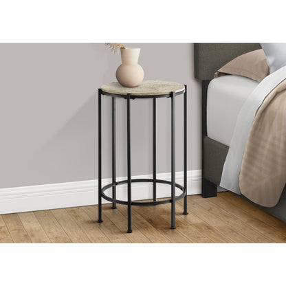 Accent Table, End, Round Cream Stone Laminate, Black Metal, Contemporary