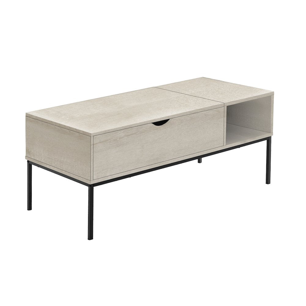 Coffee Table, 42 L, Rectangular, Cocktail, Lift-top, Washed Oak, Black Metal