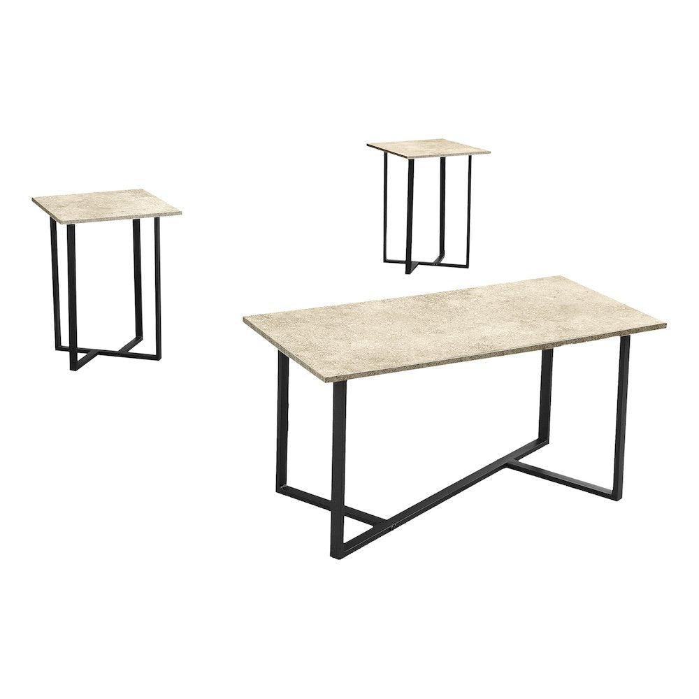 Table Set, 3pcs Set, Coffee, End, Cream Stone Laminate, Black Metal