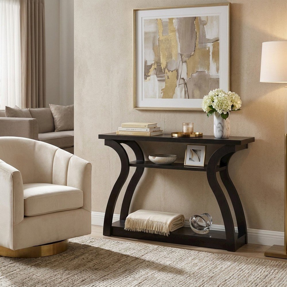 Laminate Narrow Console Sofa Table with Finished Sides for Entryway, Espresso