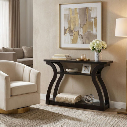 Laminate Narrow Console Sofa Table with Finished Sides for Entryway, Espresso