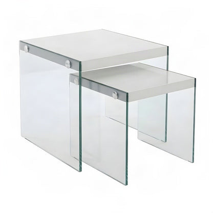 FurniFact Nesting Side Tables with Square Glass Base, White,Clear, Set of 2