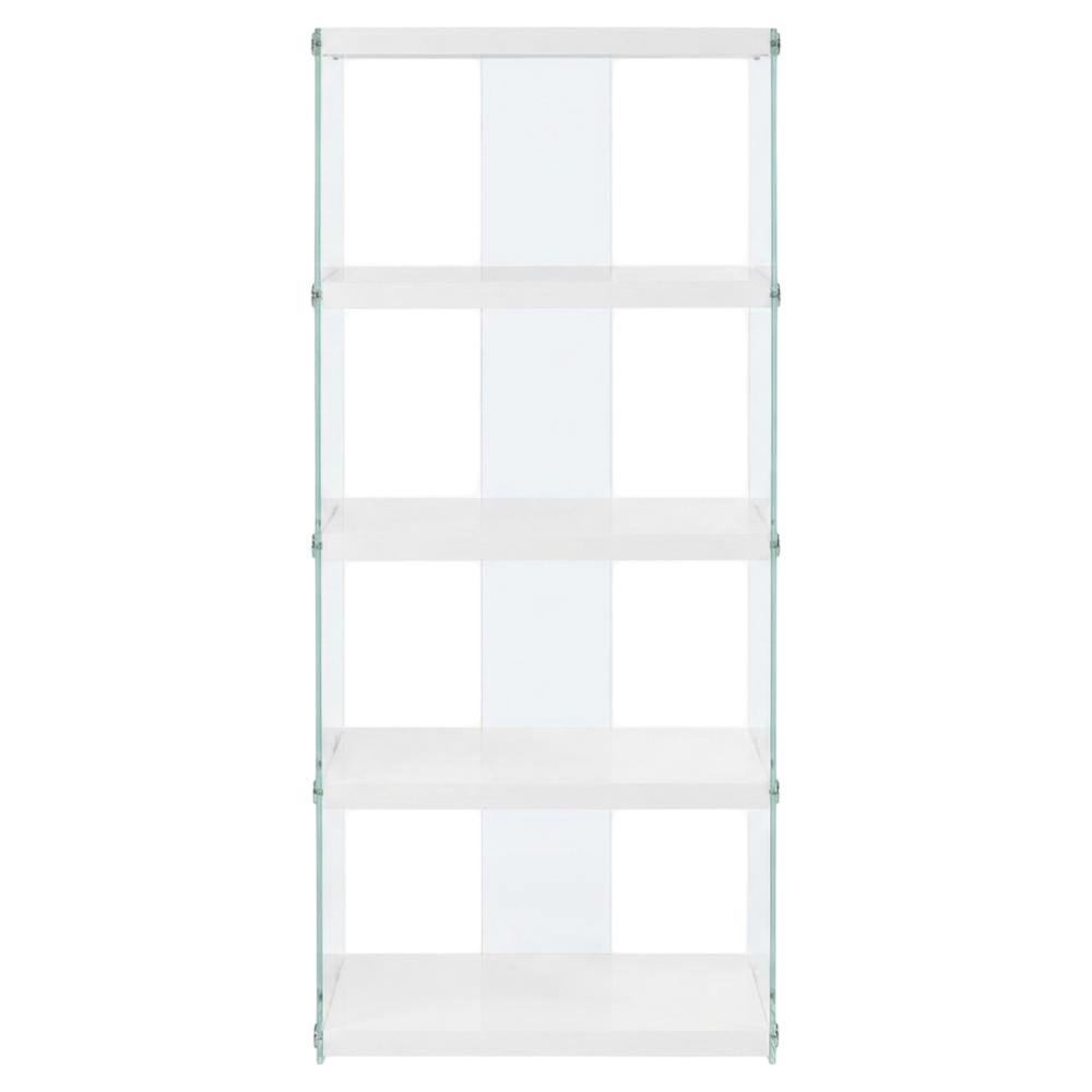 Tempered Glass Bookcase, Tall Glossy Etagere with 4 Open Shelves, White,Clear