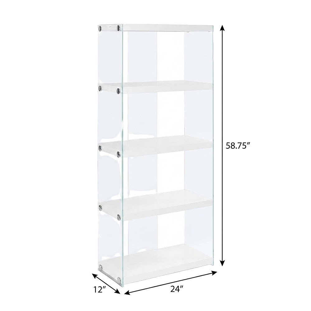 Tempered Glass Bookcase, Tall Glossy Etagere with 4 Open Shelves, White,Clear