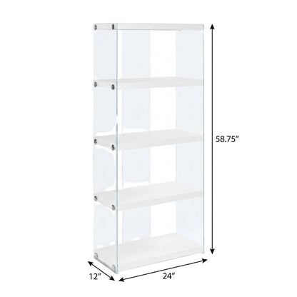 Tempered Glass Bookcase, Tall Glossy Etagere with 4 Open Shelves, White,Clear
