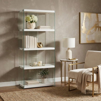 Tempered Glass Bookcase, Tall Glossy Etagere with 4 Open Shelves, White,Clear