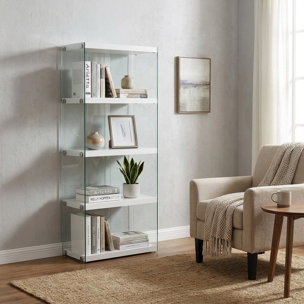 Tempered Glass Bookcase, Tall Glossy Etagere with 4 Open Shelves, White,Clear