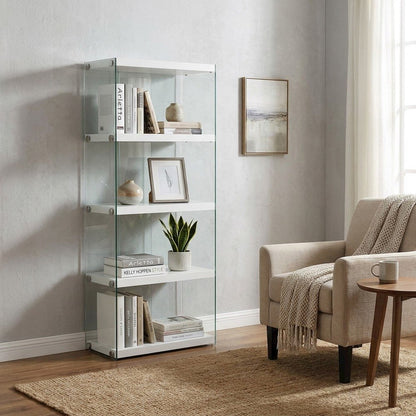 Tempered Glass Bookcase, Tall Glossy Etagere with 4 Open Shelves, White,Clear