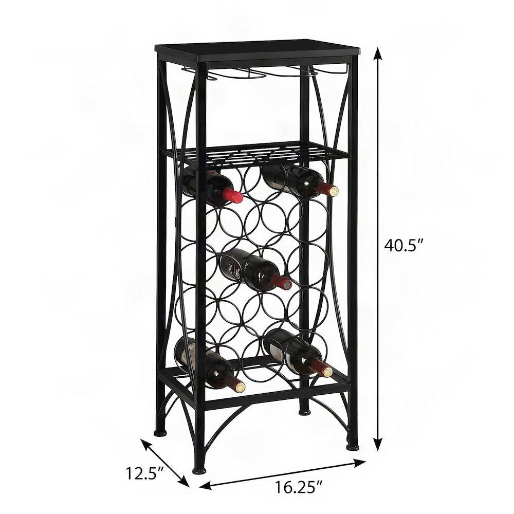 FurniFact Metal Wine Racks with Glass Holder and Open Storage Shelf, Black