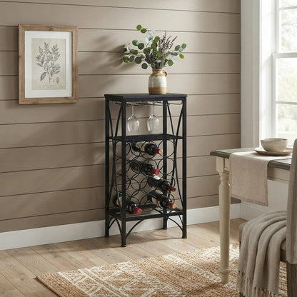 FurniFact Metal Wine Racks with Glass Holder and Open Storage Shelf, Black