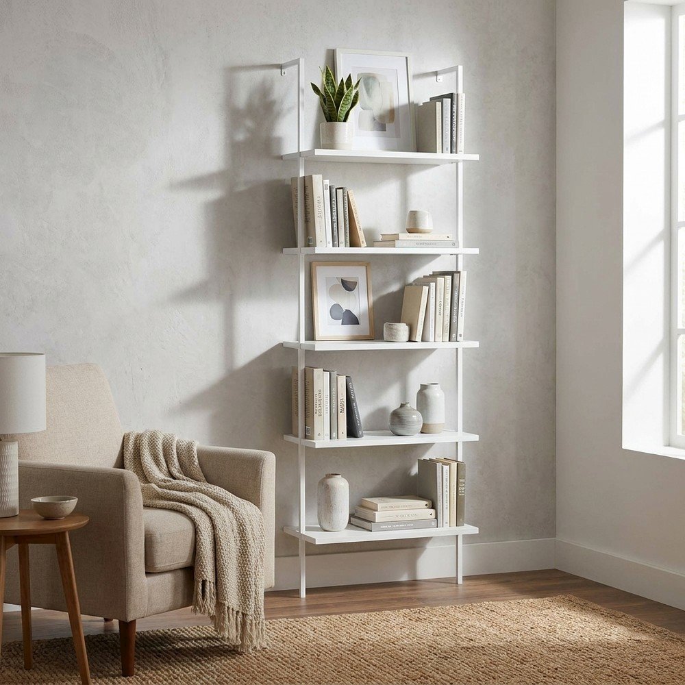 Metal and Particle Board 5-Tier Tall Bookcase, Floor Standing Shelf, White