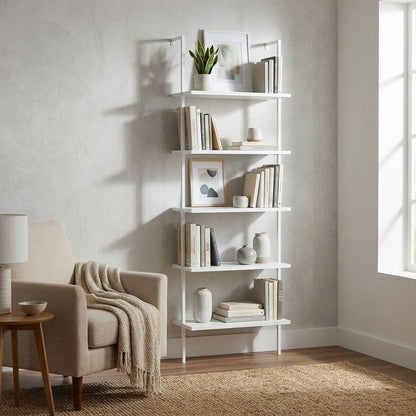 Metal and Particle Board 5-Tier Tall Bookcase, Floor Standing Shelf, White