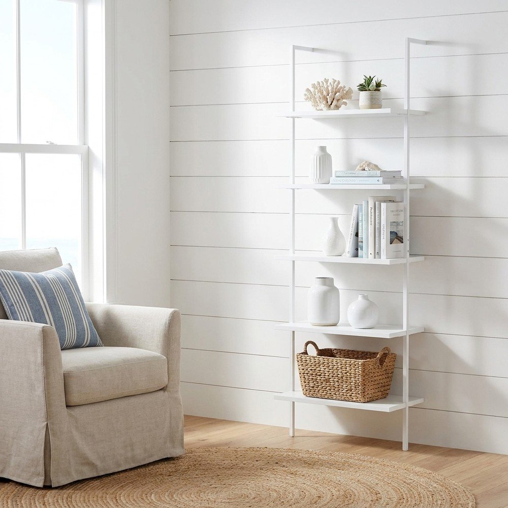Metal and Particle Board 5-Tier Tall Bookcase, Floor Standing Shelf, White