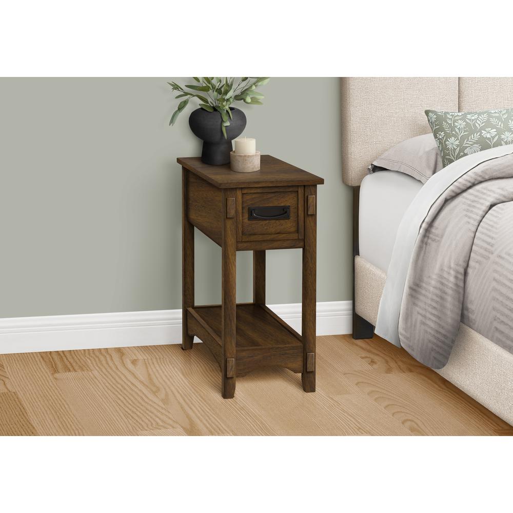 Accent Table, 2 Tier, Narrow, Storage Drawer, Brown Veneer, Transitional