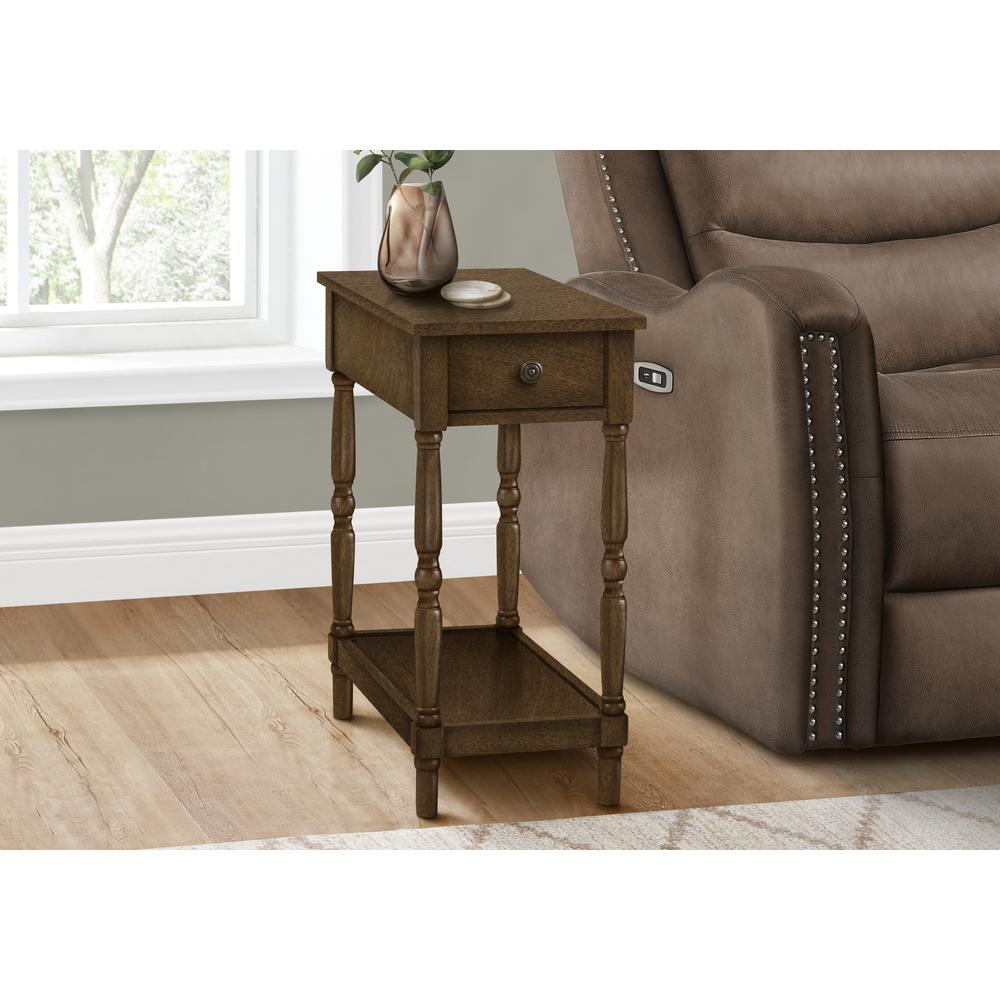 Accent Table, 2 Tier, Narrow, Lamp, Storage Drawer, Brown Veneer, Traditional
