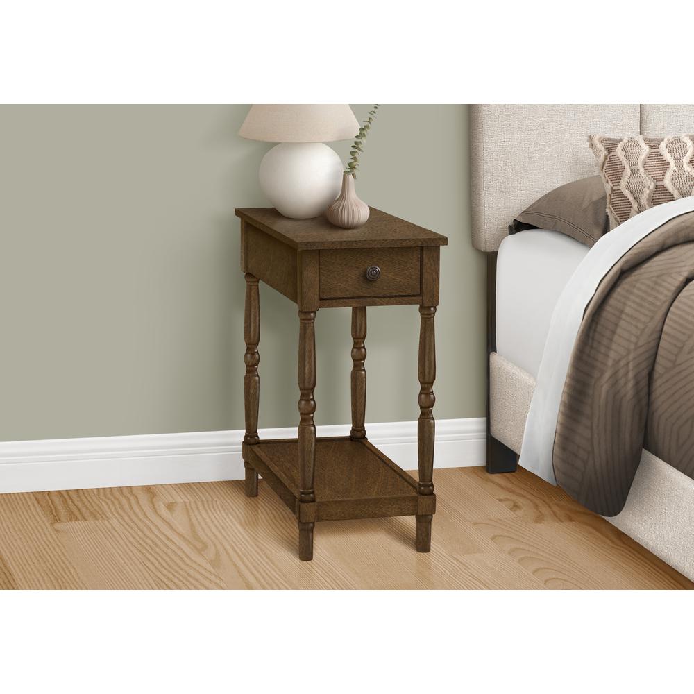 Accent Table, 2 Tier, Narrow, Lamp, Storage Drawer, Brown Veneer, Traditional