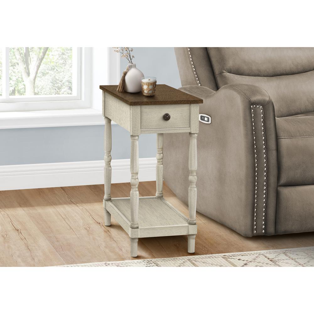 Accent Table, 2 Tier, Narrow, Lamp, Storage Drawer, Brown Veneer, White Veneer