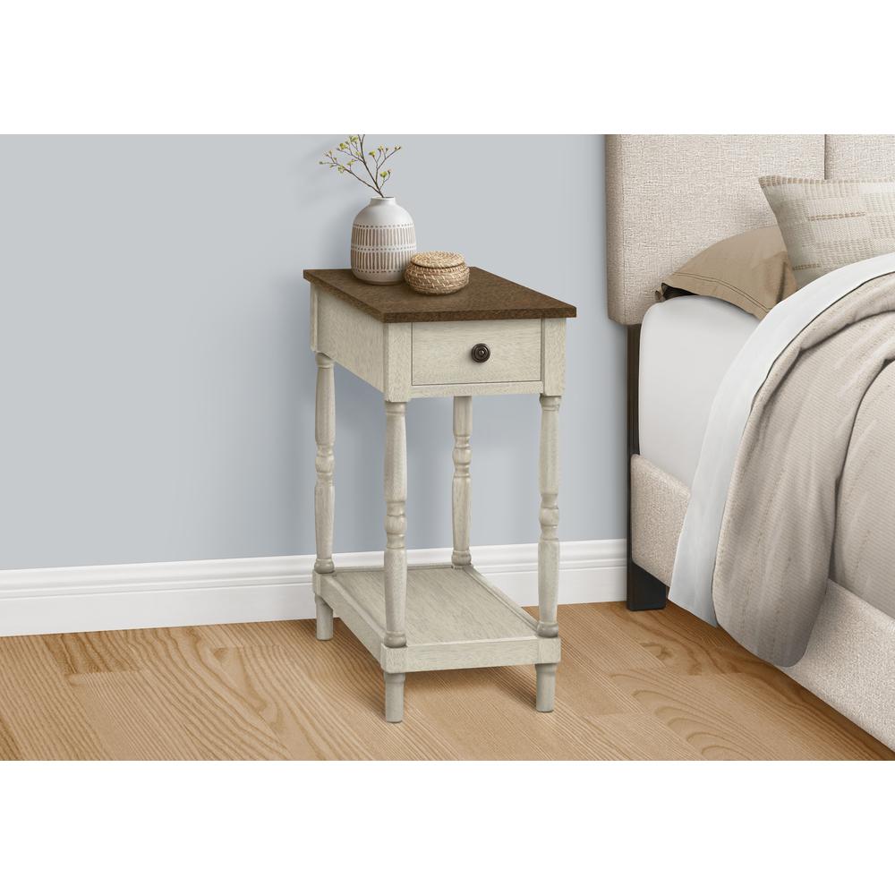 Accent Table, 2 Tier, Narrow, Lamp, Storage Drawer, Brown Veneer, White Veneer