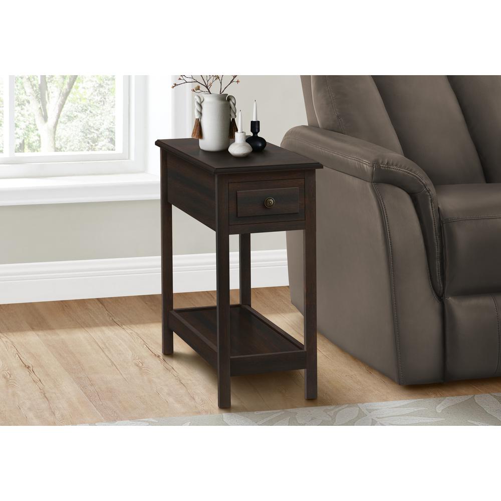 Accent Table, 2 Tier, Narrow, Storage Drawer, Lamp, Brown Veneer, Transitional