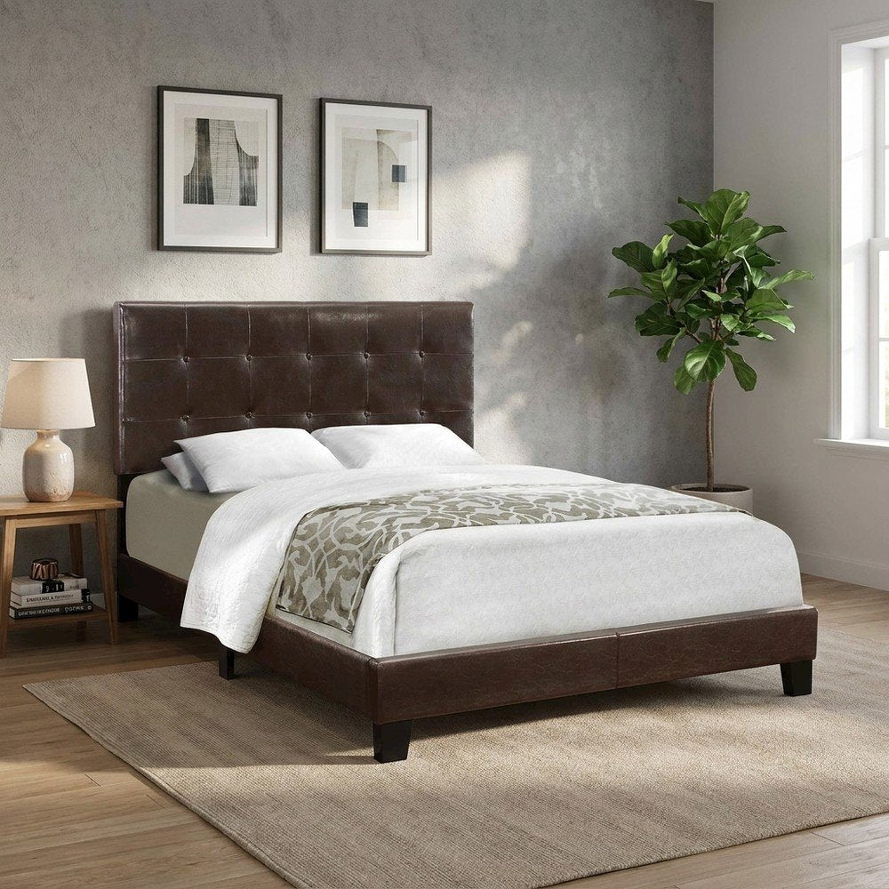 Upholstered Full Size Platform Bed with Tufted Headboard, Brown,Black