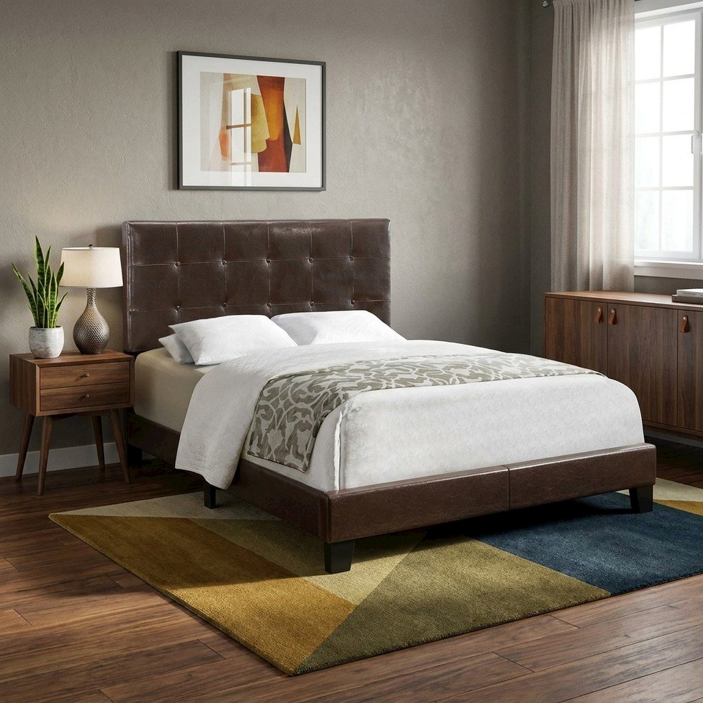 Upholstered Full Size Platform Bed with Tufted Headboard, Brown,Black