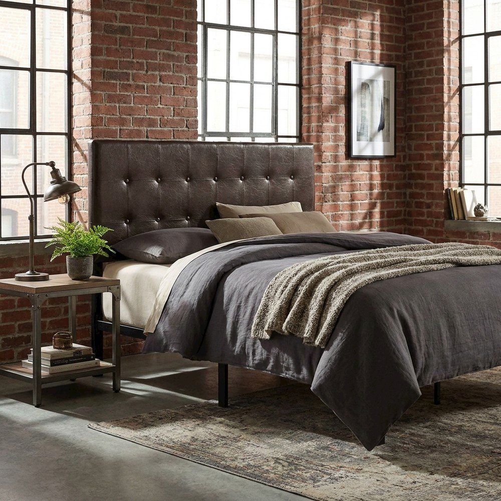 Foam-Padded Faux Leather Upholstered Headboard, Queen Size Only, Brown,Black