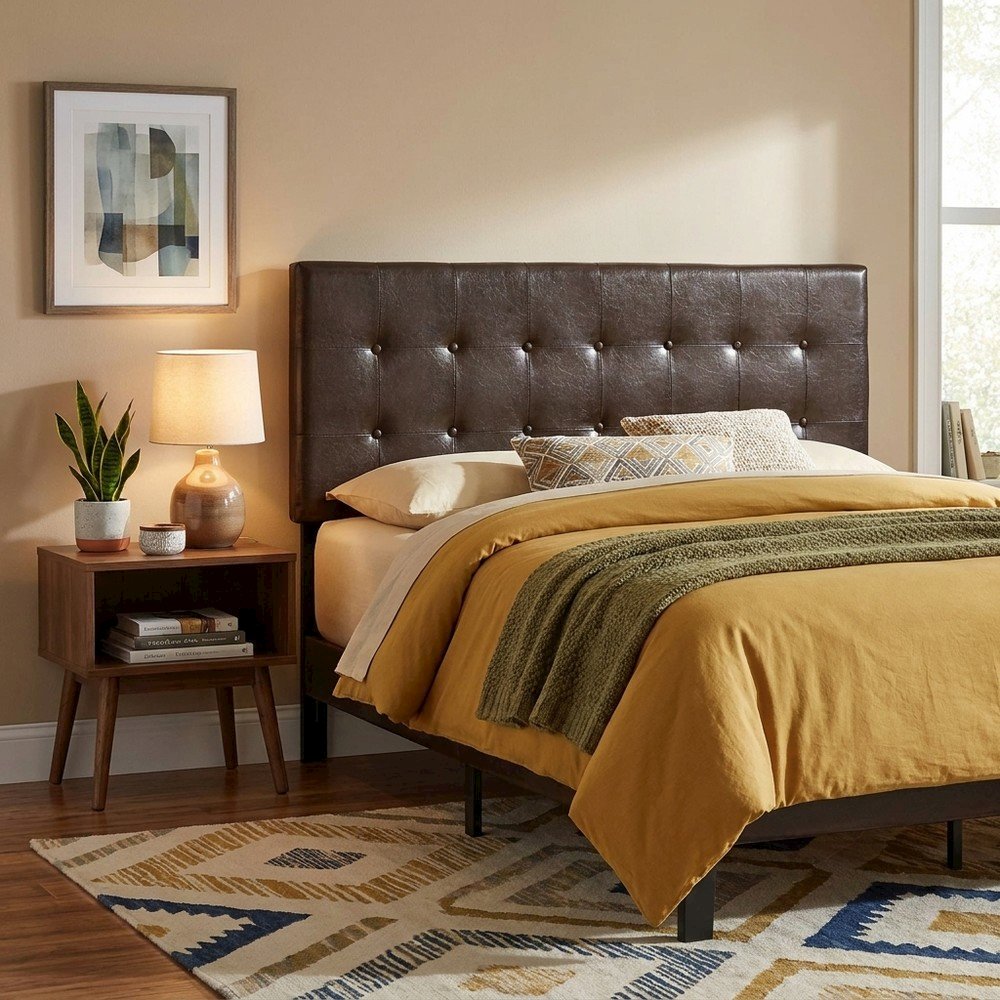 Foam-Padded Faux Leather Upholstered Headboard, Queen Size Only, Brown,Black