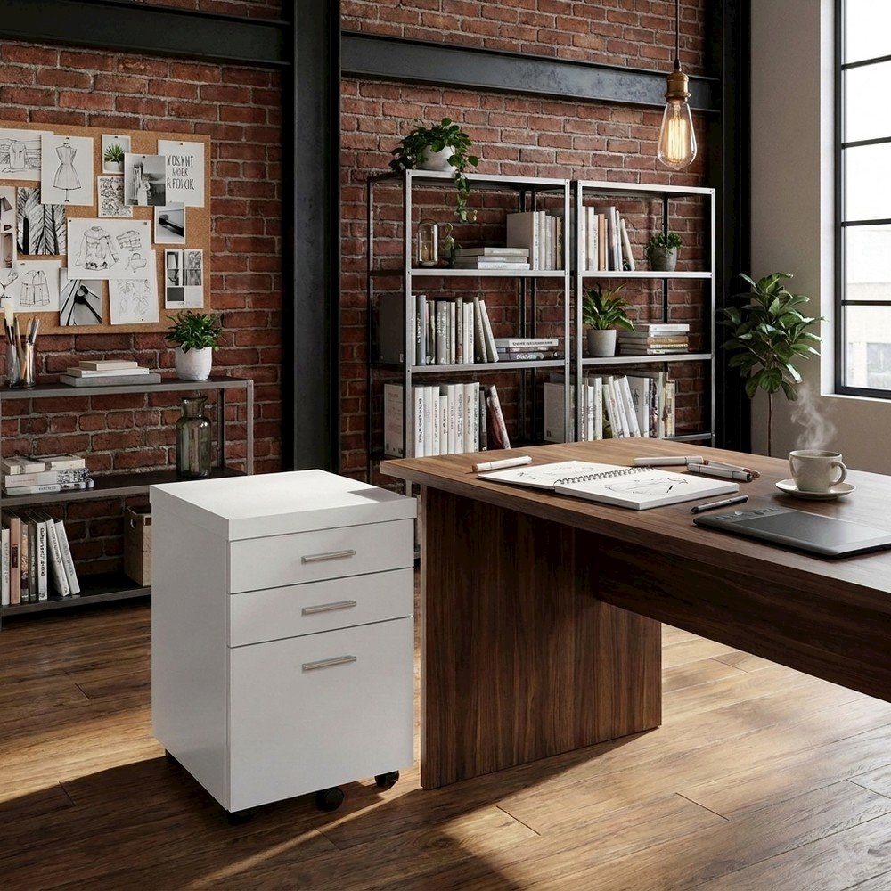 Laminate Rolling Filing Cabinet with Storage Drawers on Casters, White,Black