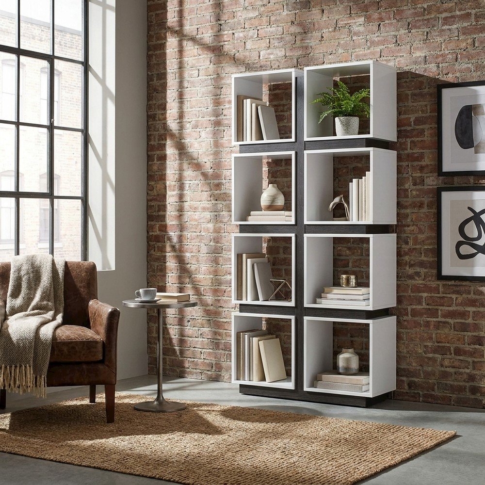 Laminate Bookcase with Open Shelves, Tall Bookshelf for Office, White,Grey