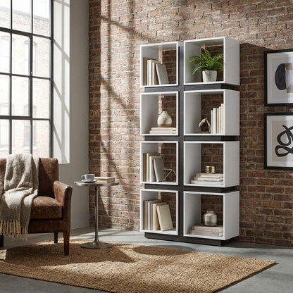 Laminate Bookcase with Open Shelves, Tall Bookshelf for Office, White,Grey