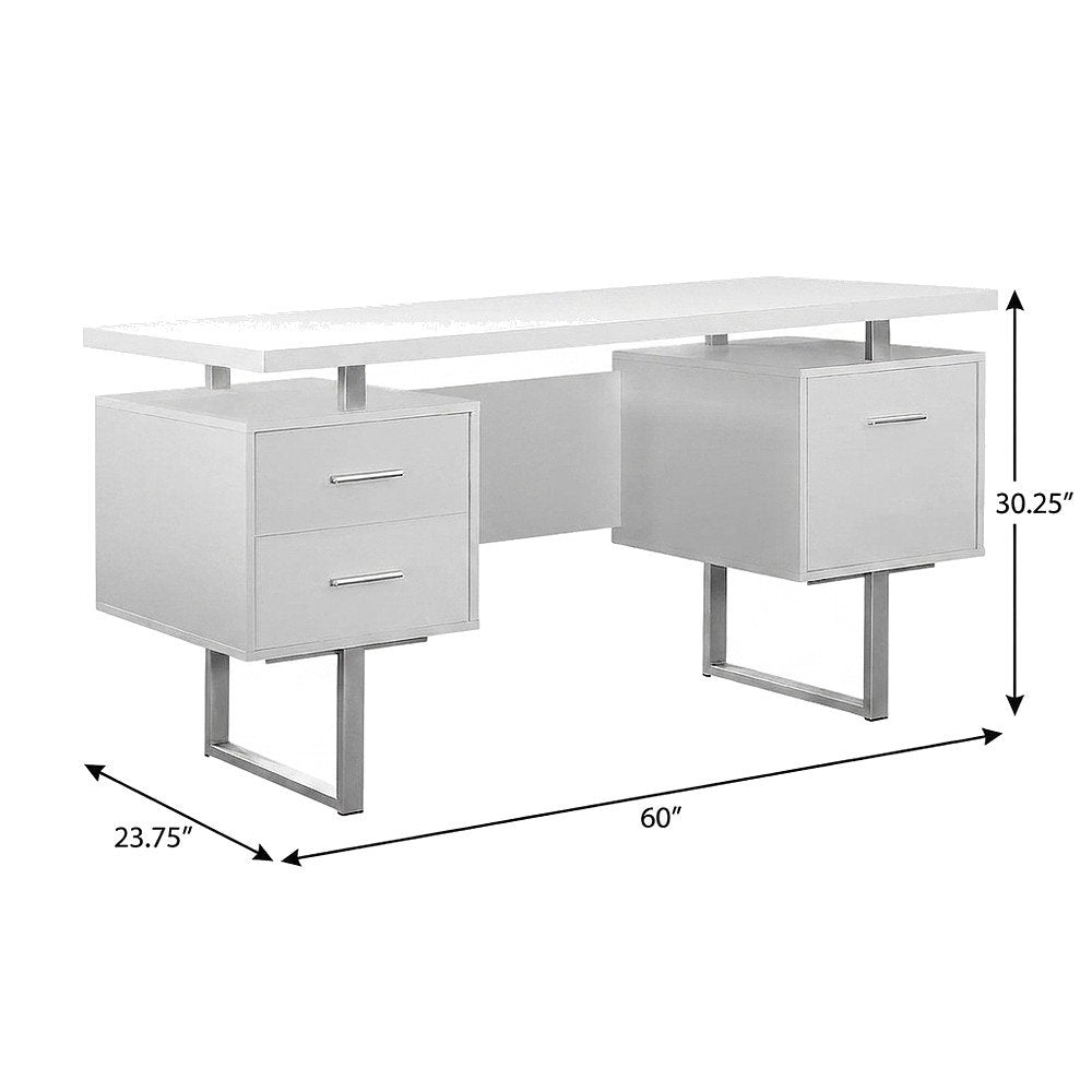 Home Office Computer Desk with Metal Frame, All-Sided Finish, White,Silver