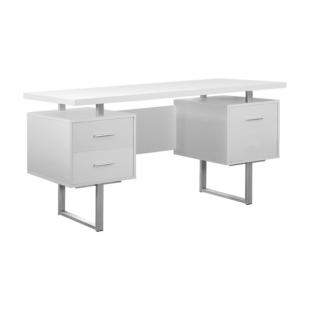 Home Office Computer Desk with Metal Frame, All-Sided Finish, White,Silver