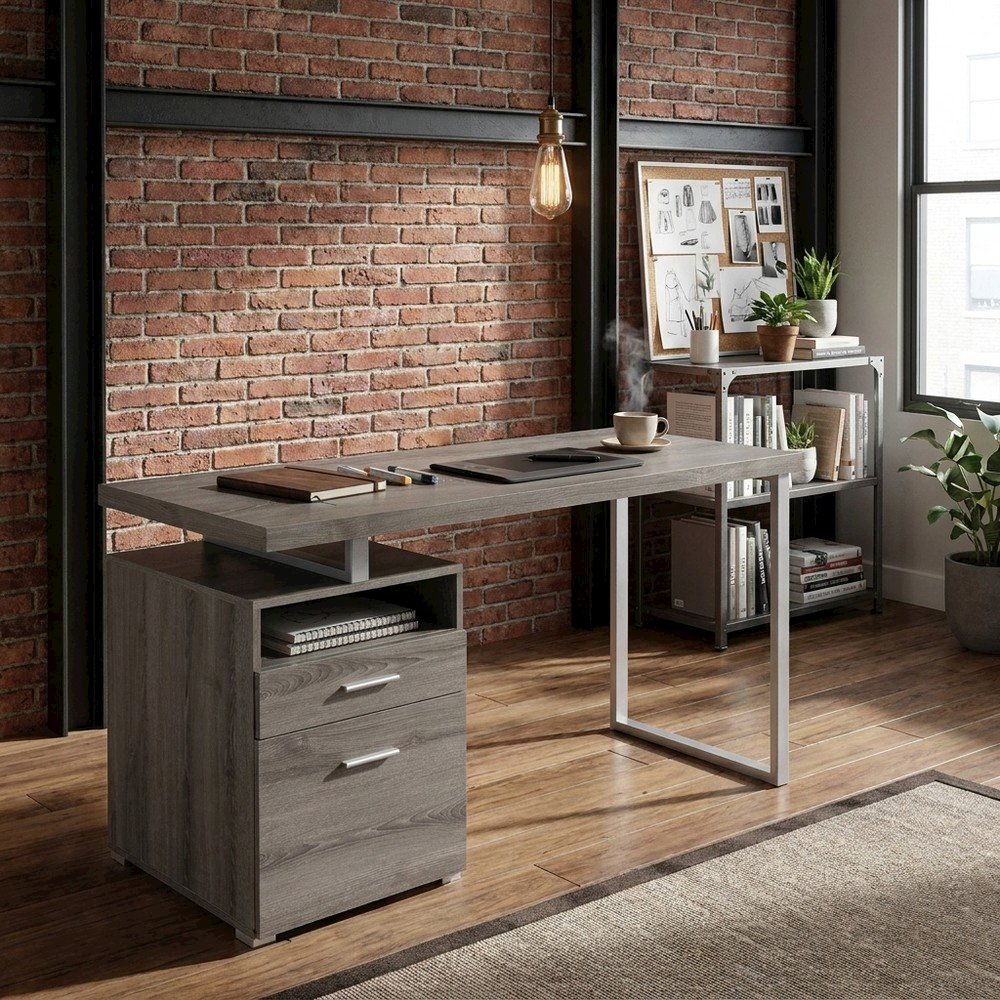 Laminate Computer Desk with Storage Drawers, Finished All Sides, Dark Taupe