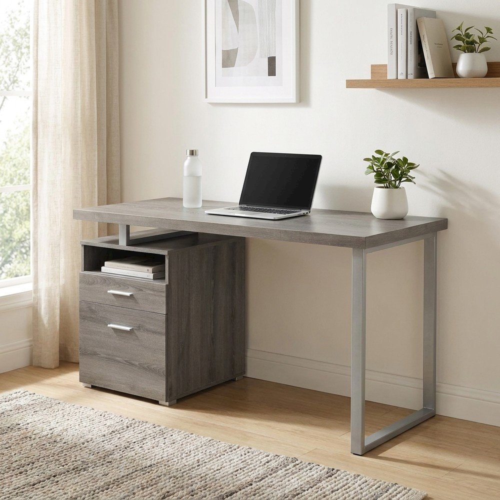 Laminate Computer Desk with Storage Drawers, Finished All Sides, Dark Taupe