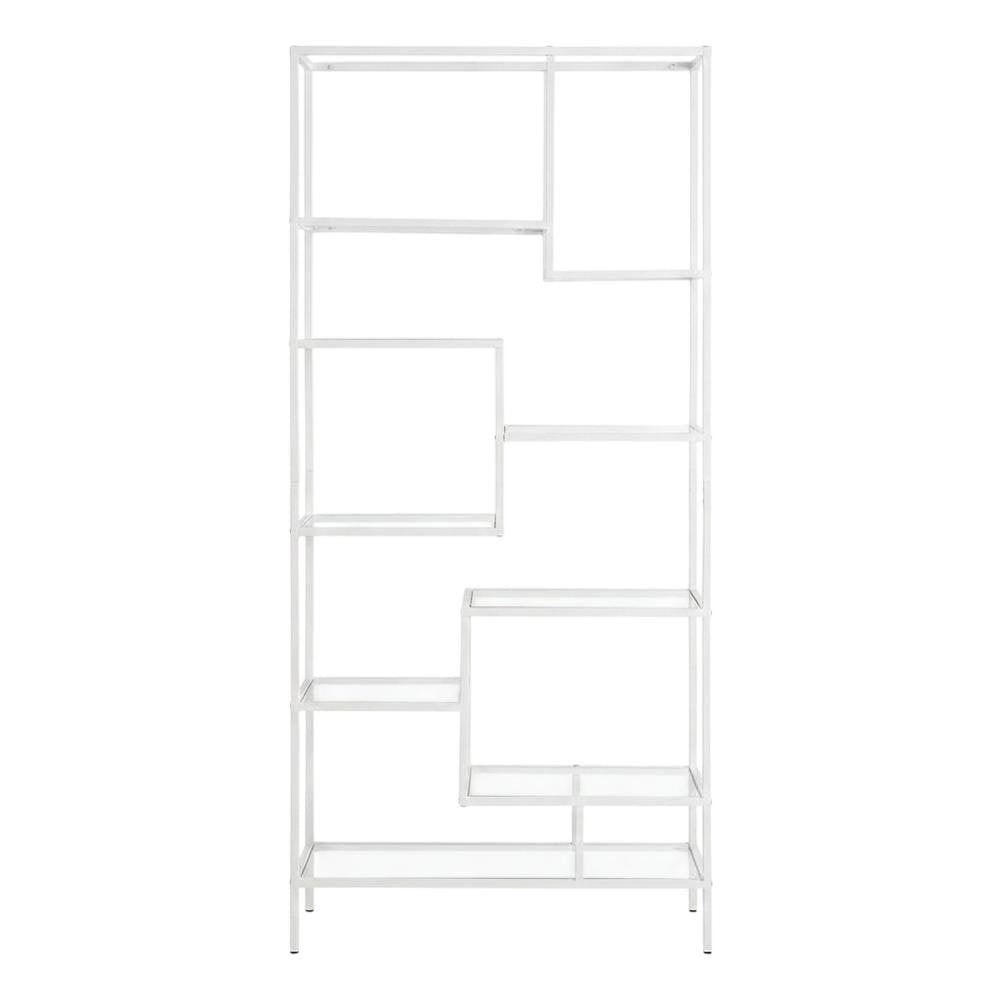 Tempered Glass and Metal Tall Etagere Bookcase with Open Shelves, White,Clear