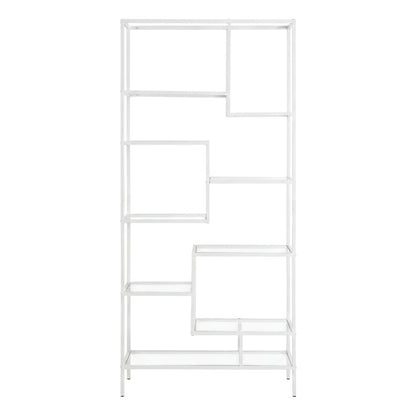 Tempered Glass and Metal Tall Etagere Bookcase with Open Shelves, White,Clear