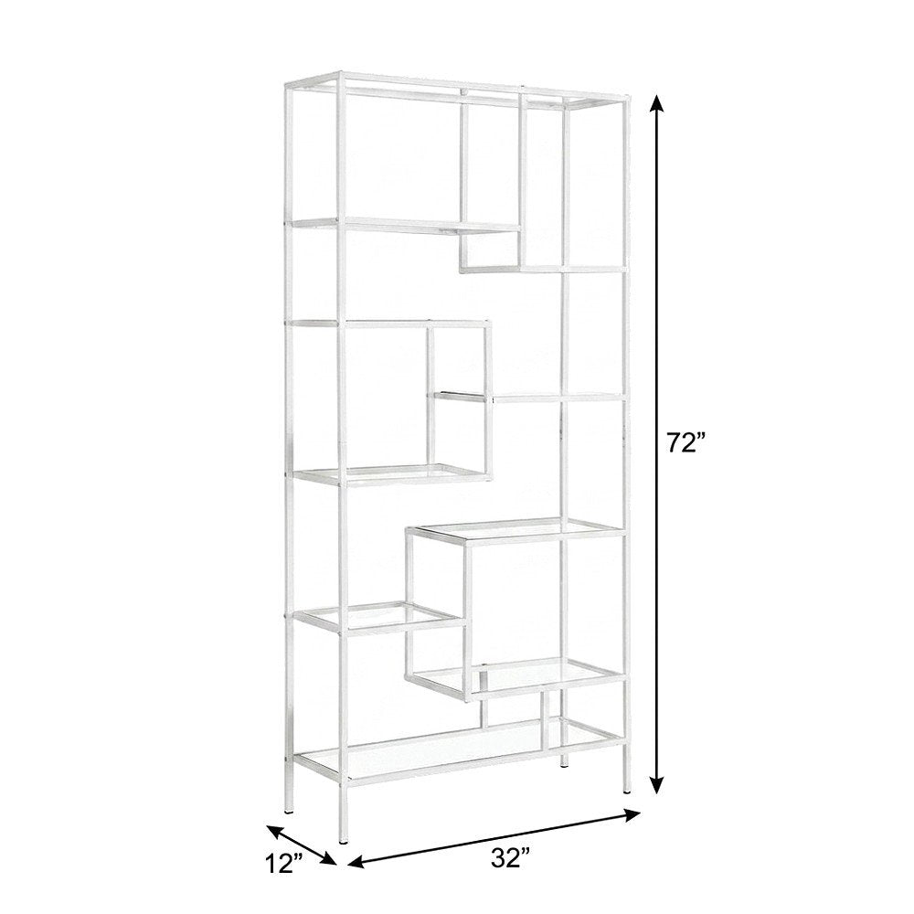 Tempered Glass and Metal Tall Etagere Bookcase with Open Shelves, White,Clear