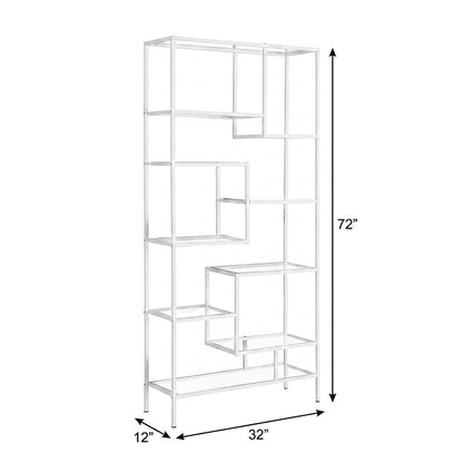 Tempered Glass and Metal Tall Etagere Bookcase with Open Shelves, White,Clear