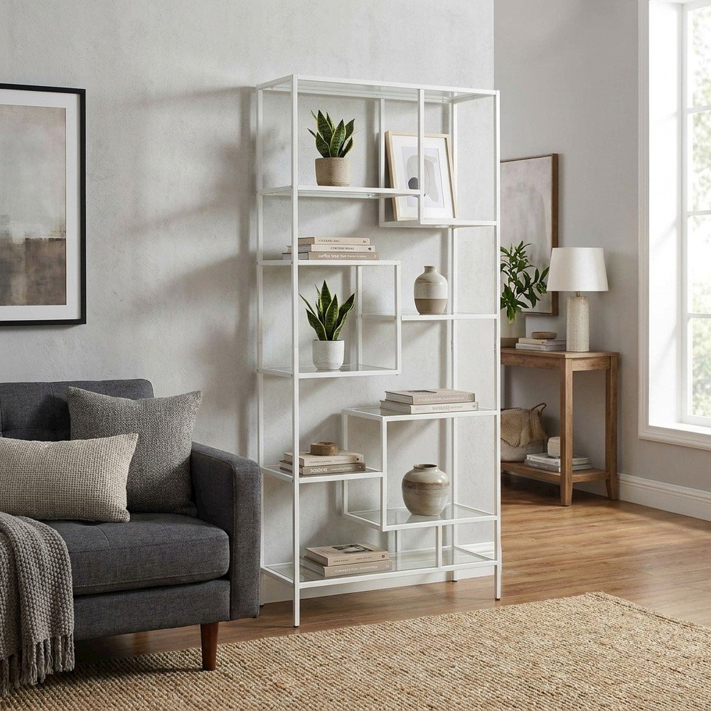 Tempered Glass and Metal Tall Etagere Bookcase with Open Shelves, White,Clear