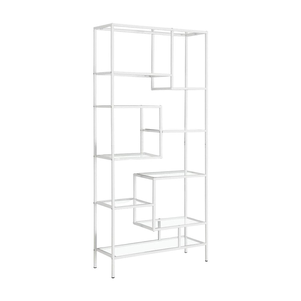 Tempered Glass and Metal Tall Etagere Bookcase with Open Shelves, White,Clear