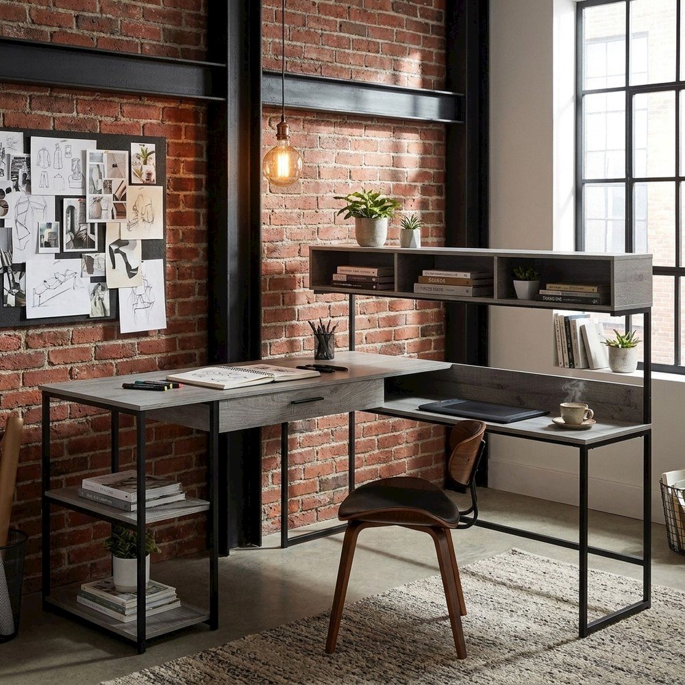 Modern MDF Laminate-Top L-Shaped Corner Computer Desk with Metal Frame, Grey