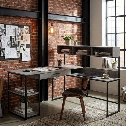 Modern MDF Laminate-Top L-Shaped Corner Computer Desk with Metal Frame, Grey