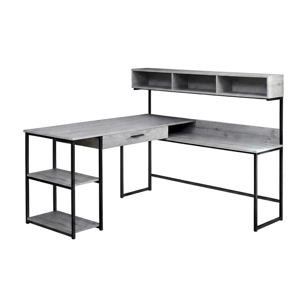 Modern MDF Laminate-Top L-Shaped Corner Computer Desk with Metal Frame, Grey
