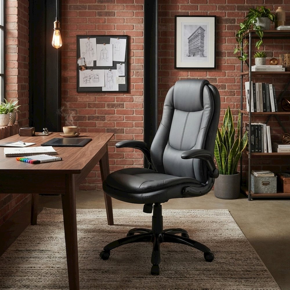 Bison Office Mid-Back Chair with Flip-Up Armrests and Swivel Base, Black