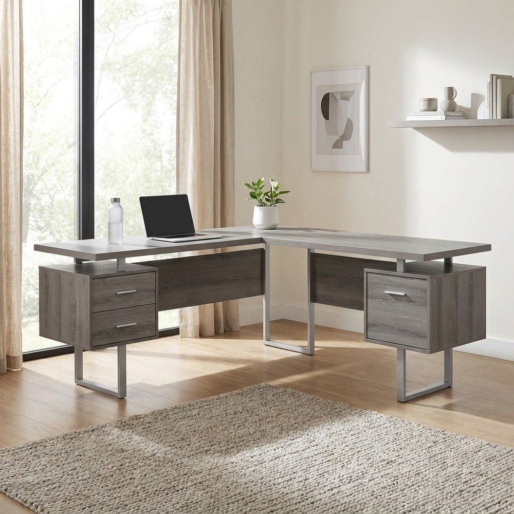 Laminate L-Shaped Corner Desk with Storage Drawers, Reversible, Dark Taupe