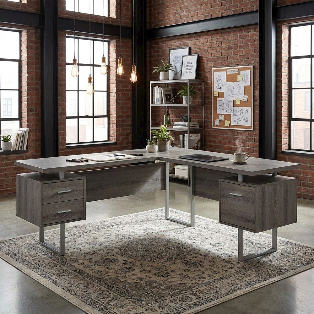 Laminate L-Shaped Corner Desk with Storage Drawers, Reversible, Dark Taupe