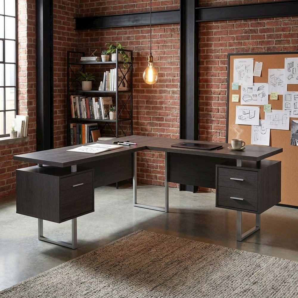 Laminate L-Shaped Corner Desk with Storage Drawers, Reversible, Grey