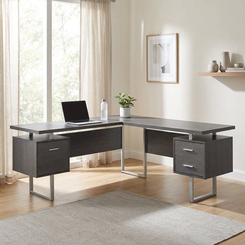 Laminate L-Shaped Corner Desk with Storage Drawers, Reversible, Grey