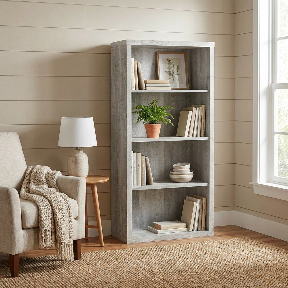 Laminate 5-Shelf Etagere Bookcase, Tall Freestanding Display Bookshelf, Grey
