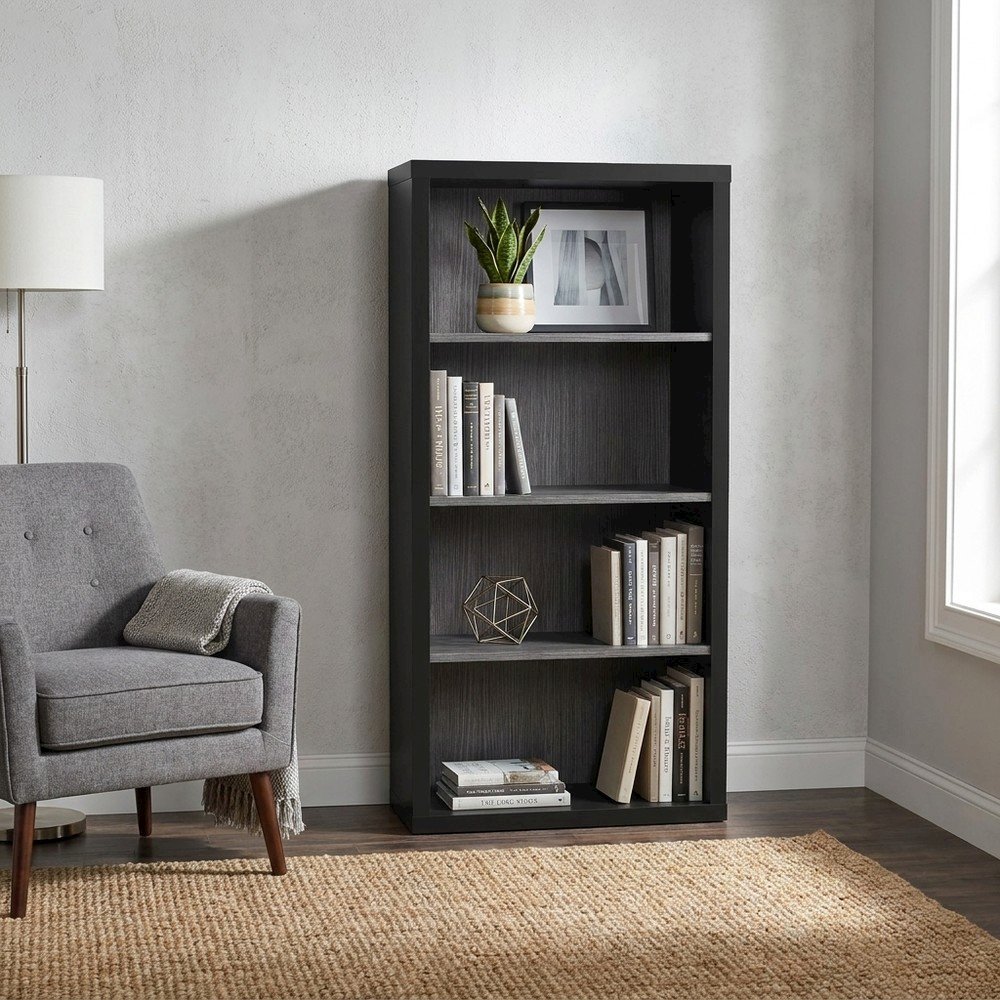 5-Shelf Etagere Bookcase, Tall Freestanding Display Bookshelf, Black,Grey